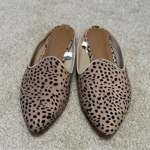 Faux suede animal print flats/mules.